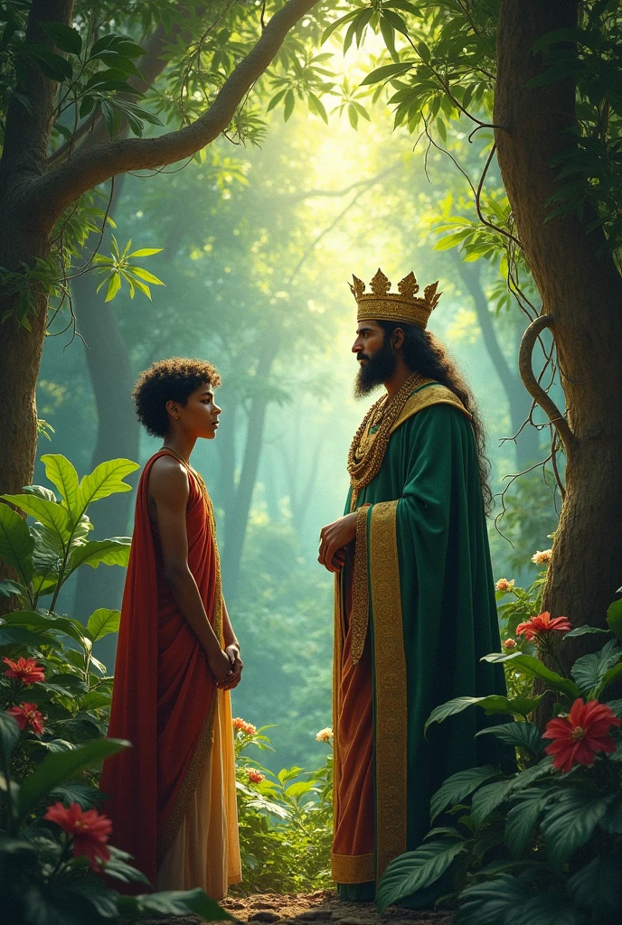 "The young man speaking earnestly to the king in the jungle, explaining how six things make a person weak and how karma, age, wealth, knowledge, and fame are written at birth. The king listens thoughtfully, showing signs of being deeply affected by the conversation."