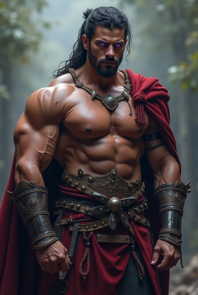 muscle、male、male、Strong、Thick arms、Thick Chest、Massive abdominal muscles、Minimal costumes、loincloth、Warrior、carpenter、blush、Sweat、Heavy breathing、dim eyes、first round、Controlled thinking、Coat of arms、Submissive appearance、Purple glowing eyes。