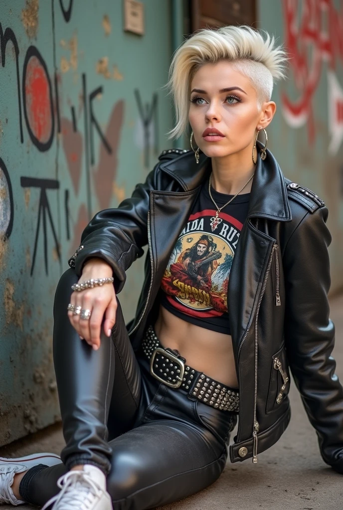 old russian milf, platinum blonde hair, long neck, long hair in pompadour male style with shaved sides, with very light blue eyes, very pale, lots of makeup. Wearing black moto jacket with popped up collar, cropped rock band t-shirt with low neckline, black shiny leggings and dirty white tennis sneakers. Big loop earrings. Wide tacky belt with big buckle, dog collar, lots of rings and studded bracelets , Full body, kneeling with thumbs in pockets in the street, looking up in awe