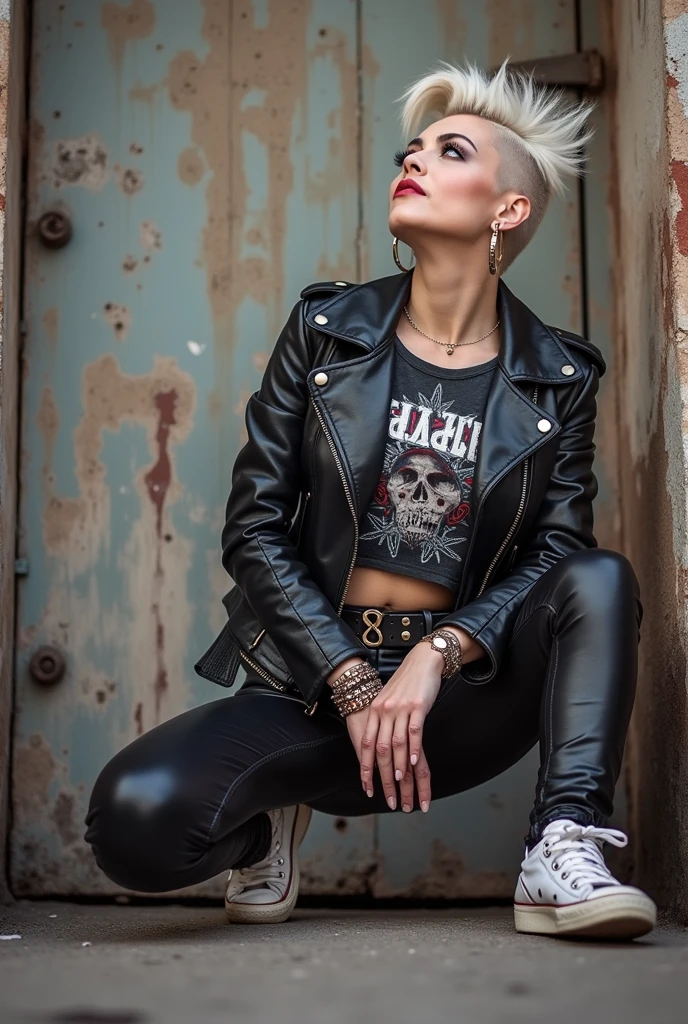 old russian milf, platinum blonde hair, long neck, long hair in pompadour male style with shaved sides, with very light blue eyes, very pale, lots of makeup. Wearing black moto jacket with popped up collar, cropped rock band t-shirt with low neckline, black shiny leggings and dirty white tennis sneakers. Big loop earrings. Wide tacky belt with big buckle, dog collar, lots of rings and studded bracelets , Full body, kneeling with thumbs in pockets in the street, looking up in awe