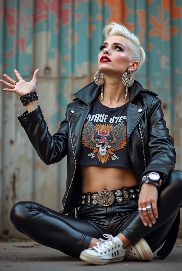 old russian milf, platinum blonde hair, long neck, long hair in pompadour male style with shaved sides, with very light blue eyes, very pale, lots of makeup. Wearing black moto jacket with popped up collar, cropped rock band t-shirt with low neckline, black shiny leggings and dirty white tennis sneakers. Big loop earrings. Wide tacky belt with big buckle, dog collar, lots of rings and studded bracelets , Full body, kneeling with thumbs in pockets in the street, looking up in awe