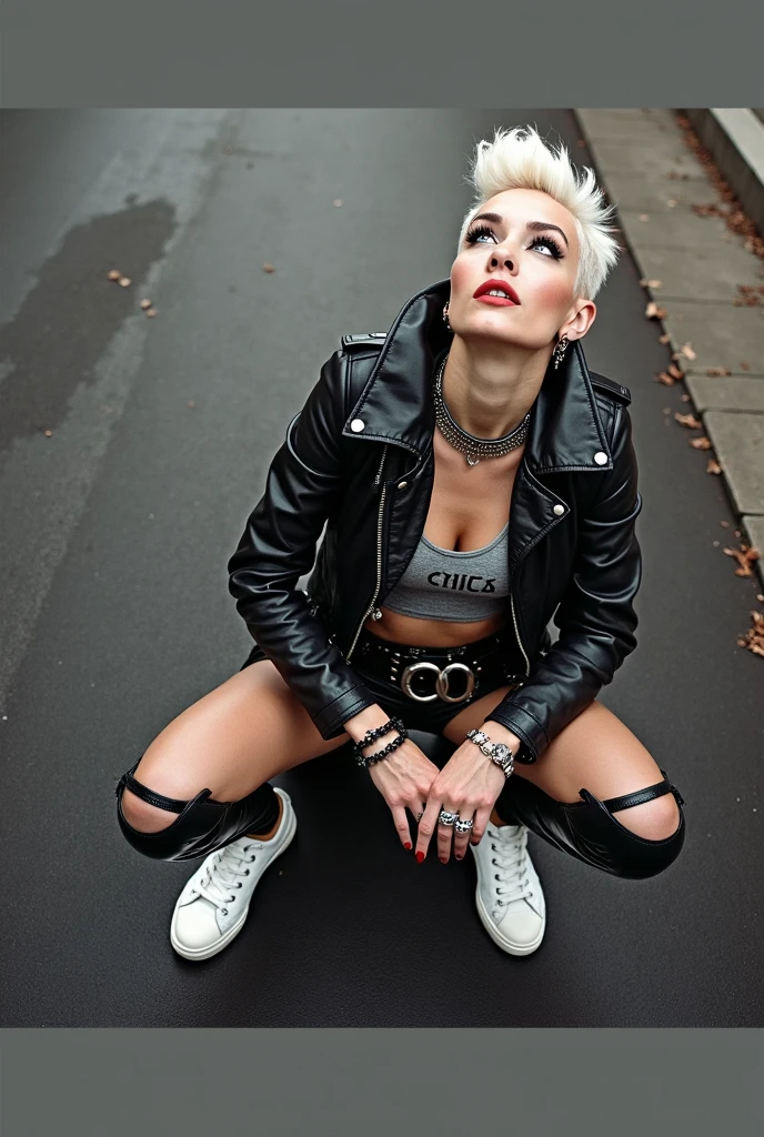 old russian milf, platinum blonde hair, long neck, long hair in pompadour male style with shaved sides, with very light blue eyes, very pale, lots of makeup. Wearing black moto jacket with popped up collar, cropped rock band t-shirt with low neckline, black shiny leggings and dirty white tennis sneakers. Big loop earrings. Wide tacky belt with big buckle, dog collar, lots of rings and studded bracelets , Full body, kneeling with thumbs in pockets in the street, looking up in awe