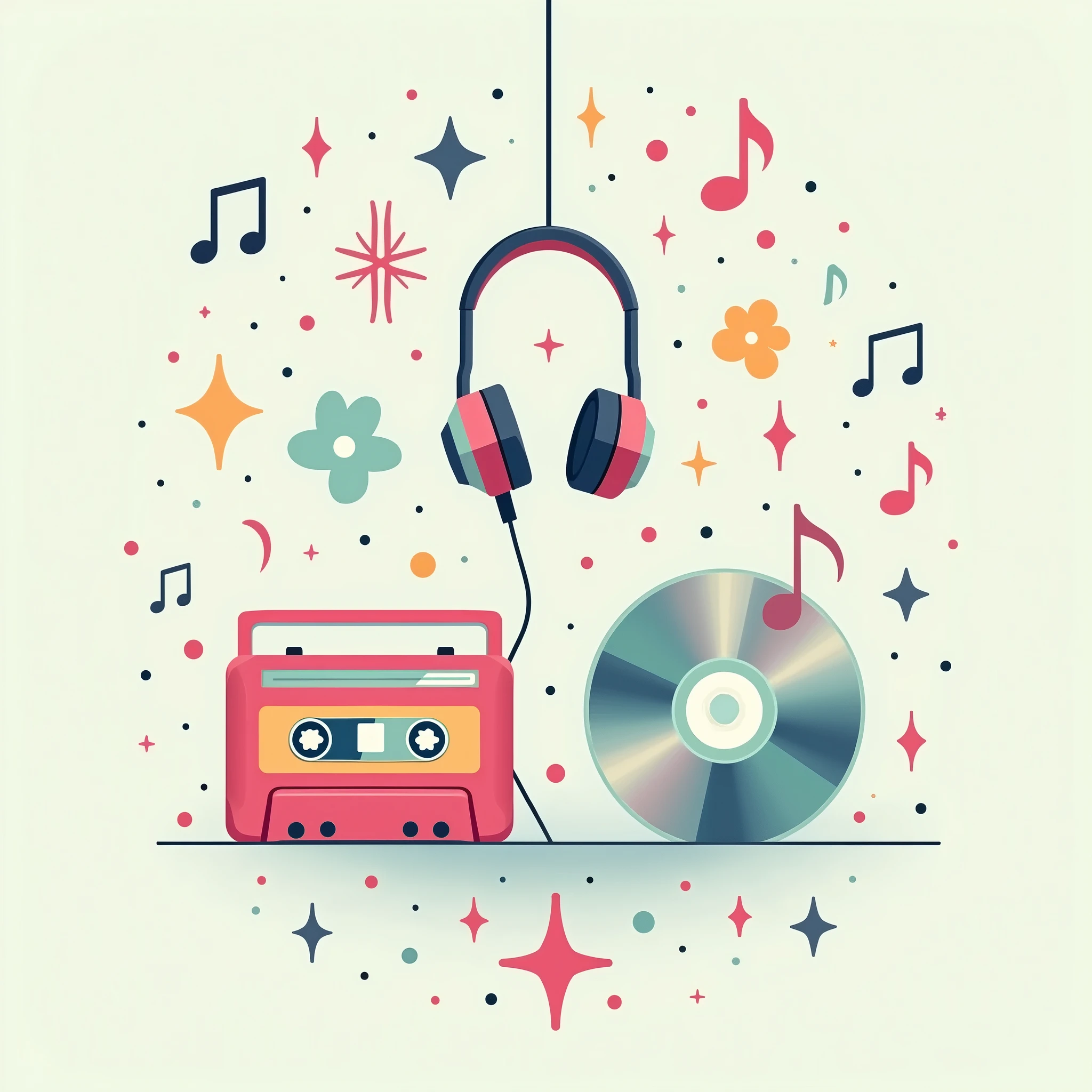 modern style，flat design，Fashion，music，Recorder，cd，earphone，music符号，Minimalist style，music元素，Pop elements，Mp3，Light colors