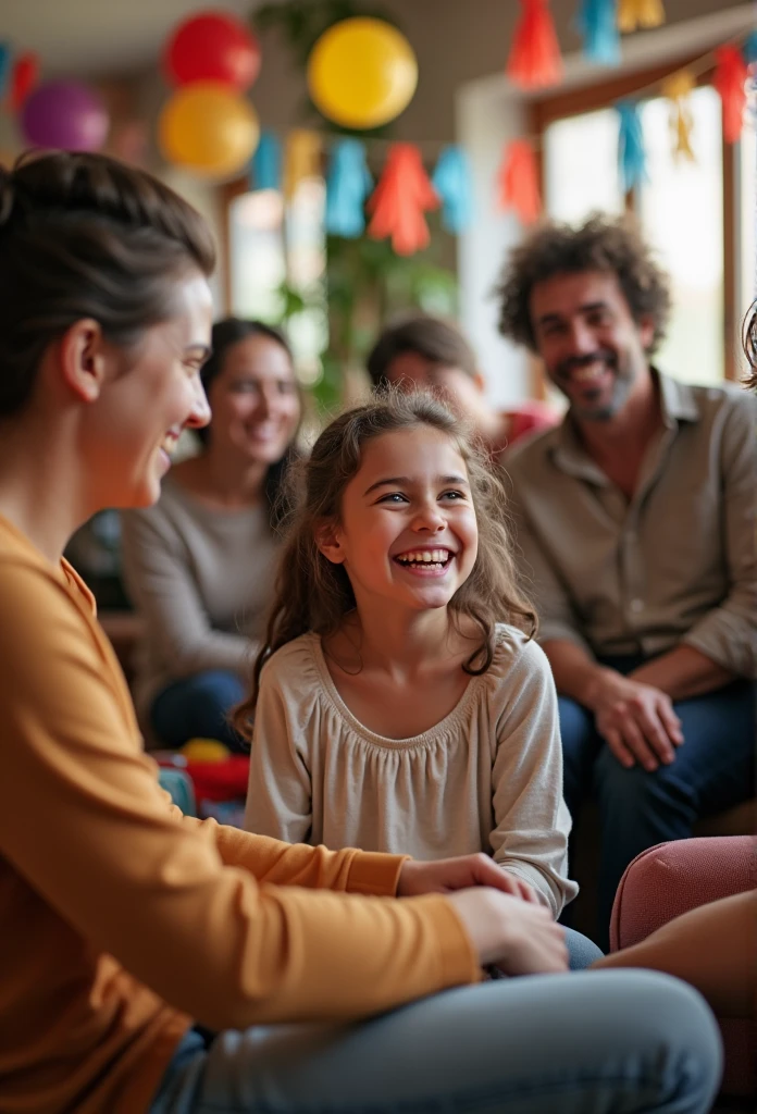 "A photo of a family gathering or social event where a girl is being lightly teased by a group of relatives or friends. The girl appears slightly annoyed or amused while the others are laughing and making jokes. The background should have colorful decorations and a casual setting to show that it's an informal and friendly occasion."