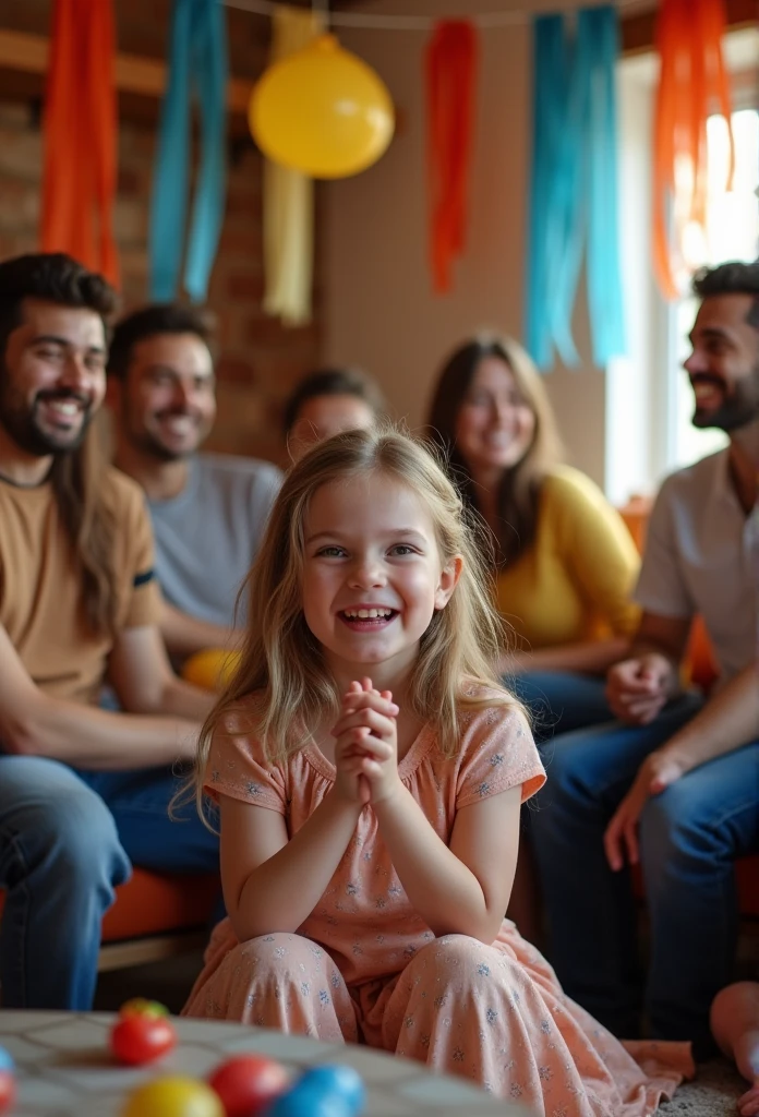 "A photo of a family gathering or social event where a girl is being lightly teased by a group of relatives or friends. The girl appears slightly annoyed or amused while the others are laughing and making jokes. The background should have colorful decorations and a casual setting to show that it's an informal and friendly occasion."