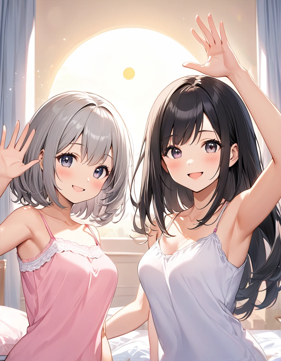 Two cute and lovely women in the bedroom, The first woman had long hair., Black Hair, Straight Hair, Wearing a camisole,smile, Raise your right hand, The second woman has bob hair, Gray Hair, Fluffy curls, Wearing a pink bra top, smile, Raise left hand, The place is a bedroom, morning, Sun light
