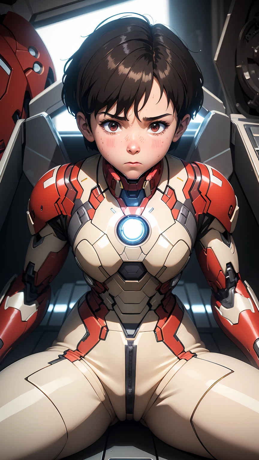 Highest quality　8k Iron Man suit girl　Elementary school girl　Sweaty face　cute　short hair　boyish　Steam coming out of the head　My hair is wet with sweat　Black Hair　Steam coming out of her body　Low - Angle　Spread your legs wide