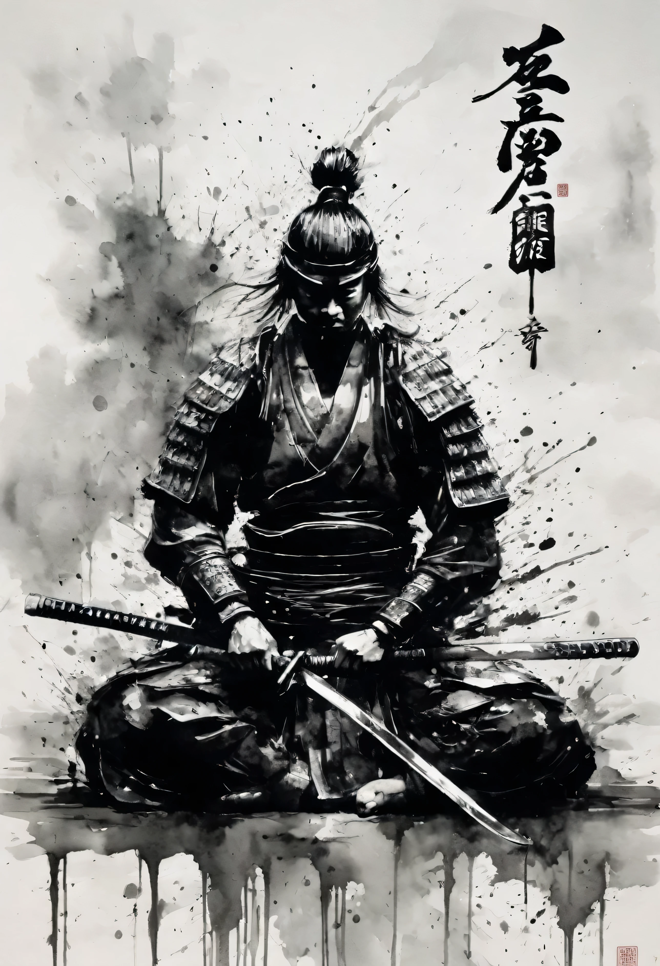 black and white painting,ink painting,Chapoteo,Mamba Hair,Samurai Armor,Sitting cross-legged,seppuku,Skinning,
