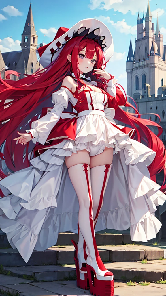 Red long hair girl,Chest,cleavage,White Hat,White skirt,Bare Legs,Platform shoes,Medieval European castles