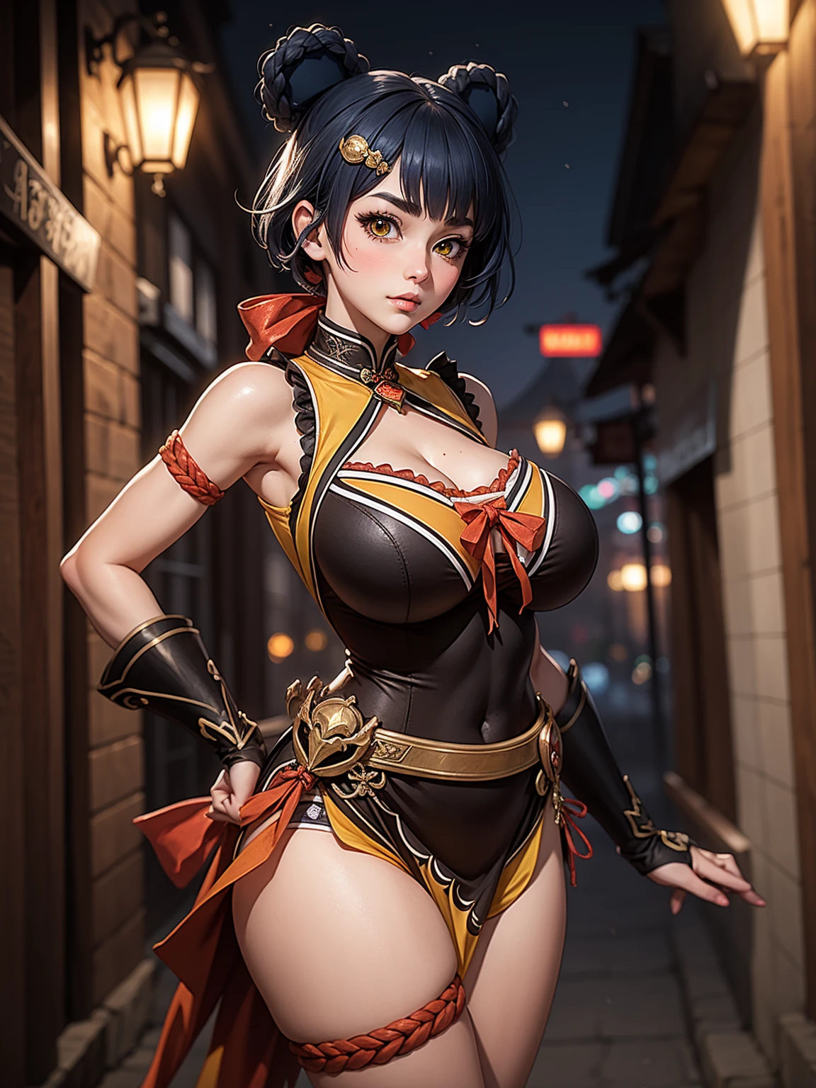 Masterpiece, high quality, blurry background, hd, 4k, night,xianglingdef, (gigantic breasts), outdoors, standing, blush, looking at viewer, dynamic poses,