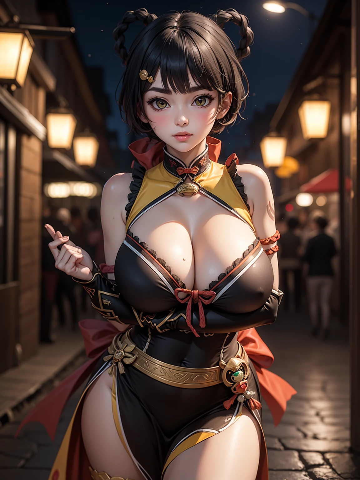 Masterpiece, high quality, blurry background, hd, 4k, night,xianglingdef, (gigantic breasts), outdoors, standing, blush, looking at viewer, dynamic poses, 