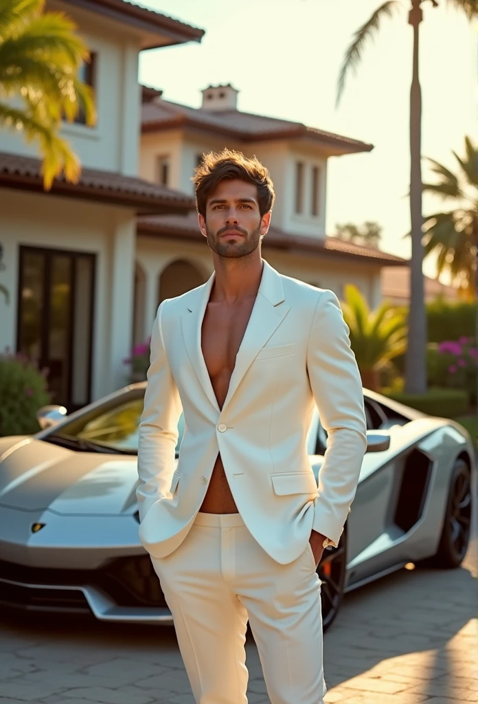 A handsome young man in white shuit standing in front of his luxury bungalow, beside his luxurious car.