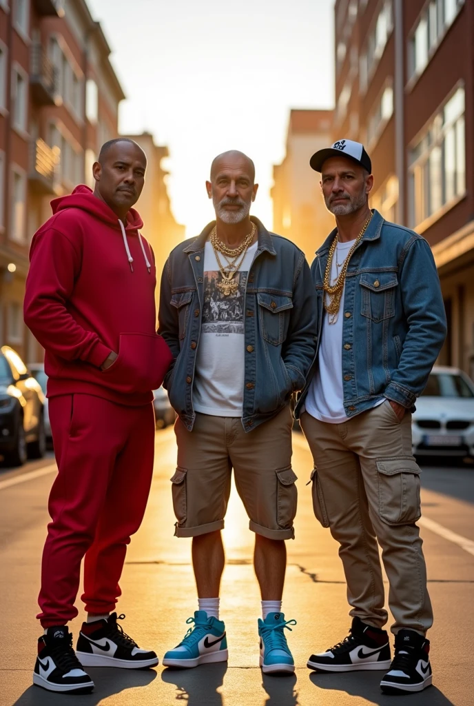 Generate an image of 3 middle-aged guys against Jordan sneakers and gold chains