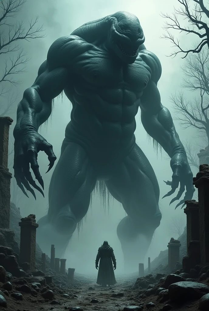  is a colossal creature, with a muscular body and dark as the night itself. Your skin is covered with a layer of slimy material, a mix of deep black and metallic gray, that shines sinisterly in the light. He has a humanoid shape, but with monstrous proportions, long, huge arms that almost drag on the ground. His hands are sharp claws, capable of tearing through metal as if it were paper.