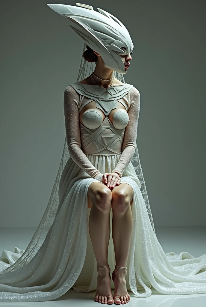 A figure draped in a shimmering white garment with a unique geometric pattern. The garment has a pointed, elongated structure extending from the head, resembling a helmet or mask. The figure is seated, with one leg extended forward and the other bent. The background is muted, emphasizing the figure and the garment., fashion