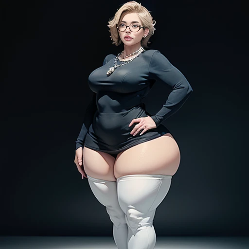((best quality)), ((masterpiece)), (detailed), perfect face, Tsk tsk woman, beautiful face , Tsk tsk girl , widest hips, thick neck ,, Tsk tsk , thick body , thick thighs , thick arms, Huge big, her body is Tsk tsk, full body view, dark and black room, black bokeh background, thigh dress, Wear sneakers, short hairstyle, Diamond necklace, wearing a watch, tall woman, restore face, White skin , longest thigh pants , glasses , Feeling cold, , 4K resolution, japanese goddess