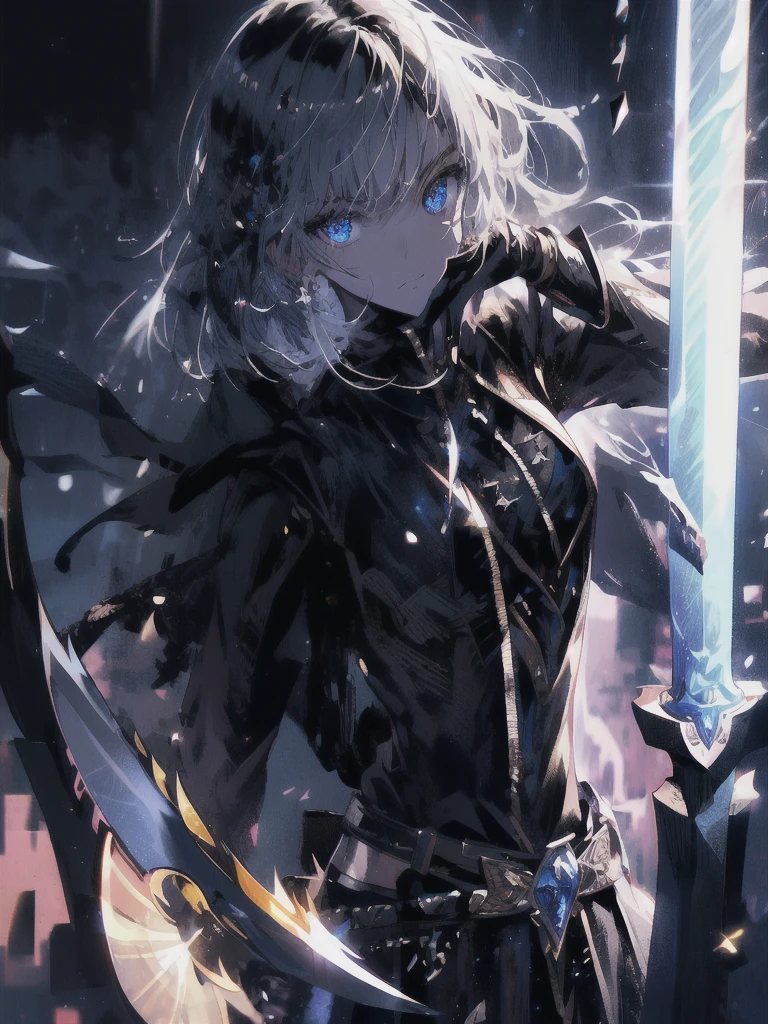 Holding a one-handed sword、Please take the black sword.、((masterpiece, highest quality, Super detailed, High resolution)), alone, beautiful girl, shining eyes, perfect eyes, , black white gold theme,