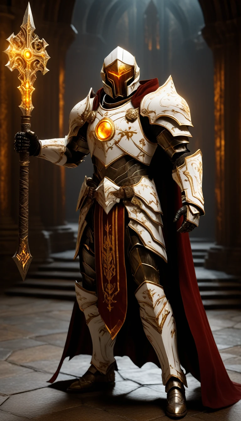 Masterpieces, male, Holy white paladin, (white armor), Action style shot, in a vampire castle, dark souls and elden ring style red. (no undercloth), holding a hammer in one hand and a shield in the other, Glowing amber colored Christian Cross on breastplate, (Battle Priest in a warframe and doom style armor holding a hammer and shield with radiant amber light, emanating potent gold light magic.), (amber half cape), (action shot: walking through dark vampire castle), (white, amber and gold color scheme), (5 amber gems on belt), (holy light magic effects), white and amber tabard, centered, full body shot fighting, sci-fi knight, Halo master chief, vibrant colors, visible figure joints, cinematic shot, volumetric lighting, intricate pattern detail, highly detailed