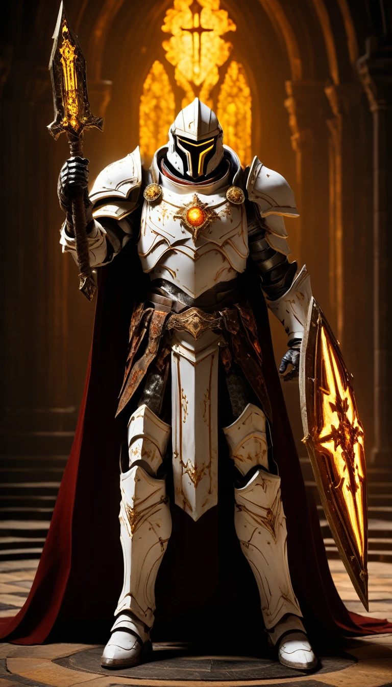 Masterpieces, male, Holy white paladin, (white armor), Action style shot, in a vampire castle, dark souls and elden ring style red. (no undercloth), holding a hammer in one hand and a shield in the other, Glowing amber colored Christian Cross on breastplate, (Battle Priest in a warframe and doom style armor holding a hammer and shield with radiant amber light, emanating potent gold light magic.), (amber half cape), (action shot: walking through dark vampire castle), (white, amber and gold color scheme), (5 amber gems on belt), (holy light magic effects), white and amber tabard, centered, full body shot fighting, sci-fi knight, Halo master chief, vibrant colors, visible figure joints, cinematic shot, volumetric lighting, intricate pattern detail, highly detailed