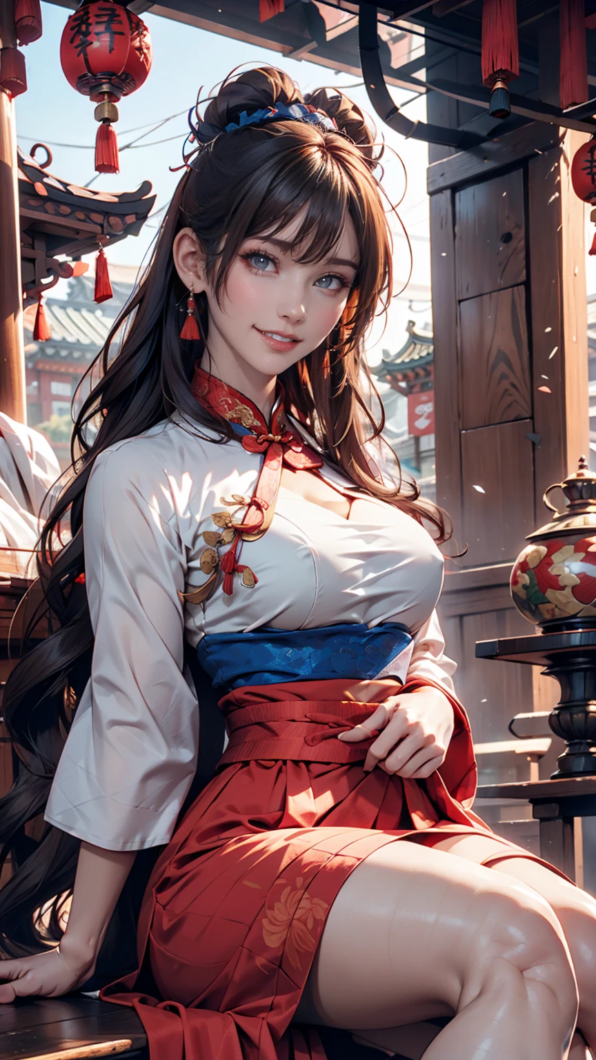 Chun-Li's face、Red Chinese clothing、Sitting and laughing、Chinatown