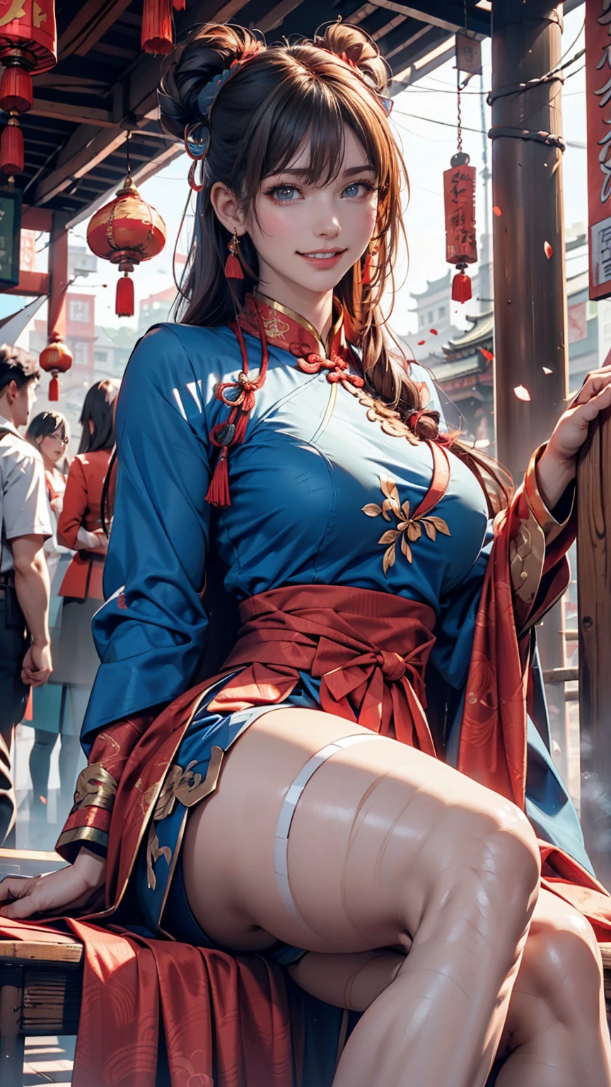 Chun-Li's face、Red Chinese clothing、Sitting and laughing、Chinatown