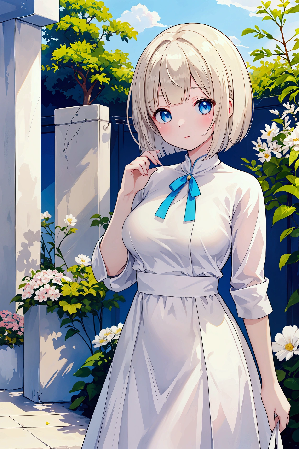 Photorealistic、Highest quality、Highest Resolution、Highest quality、16K、One beautiful woman、Cute face、Delicate face、Bob cut hair、Light Hair Color、Pale blue eyes、Delicate eyes、Beautiful breasts、Big Breasts、Cool clothes、Casual clothing、Blue sky、Sexy pose、