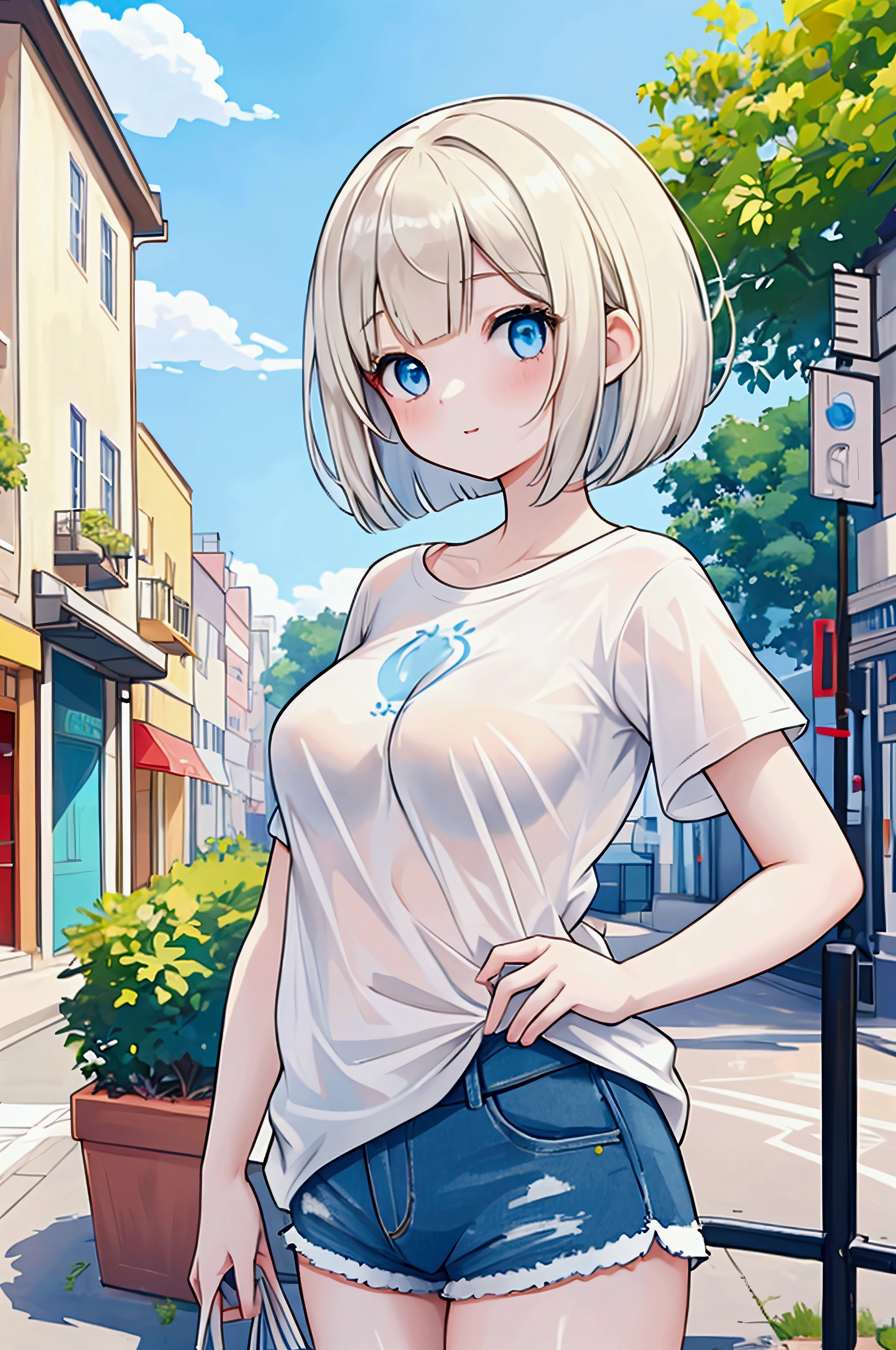 Photorealistic、Highest quality、Highest Resolution、Highest quality、16Ｋ、One beautiful woman、Cute face、Delicate face、Bob cut hair、Light Hair Color、Pale blue eyes、Delicate eyes、Beautiful breasts、Big Breasts、Cool clothes、T-Shirts、Shorts、Blue sky、In the city、Sexy pose、 