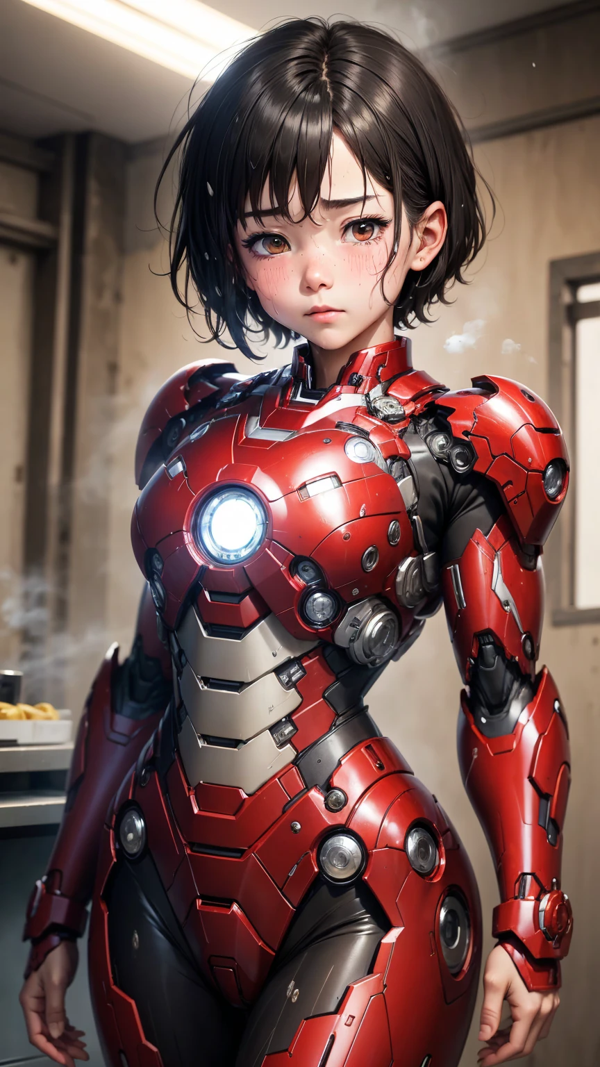 Highest quality　8k Iron Man suit girl　Elementary school girl　Sweaty face　cute　short hair　boyish　Steam coming out of the head　My hair is wet with sweat　Black Hair　Steam coming out of her body