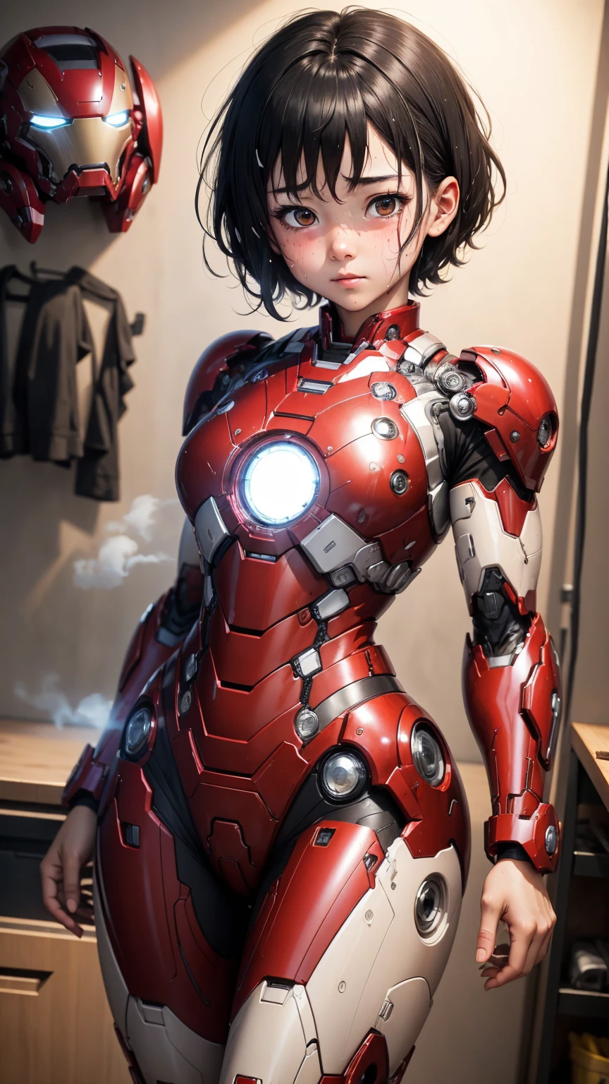 Highest quality　8k Iron Man suit girl　Elementary school girl　Sweaty face　cute　short hair　boyish　Steam coming out of the head　My hair is wet with sweat　Black Hair　Steam coming out of her body