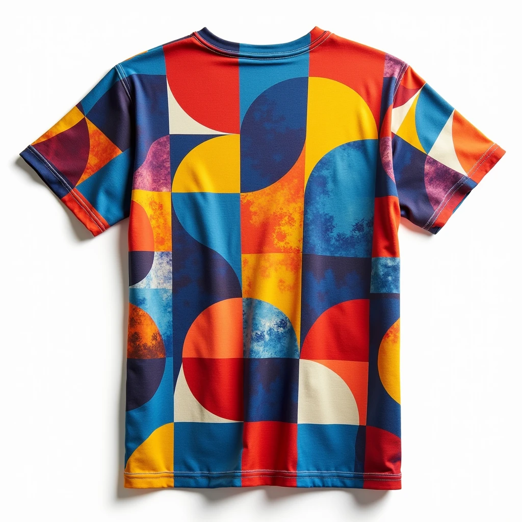 A back design for an oversized t-shirt featuring interlocking geometric shapes in vibrant colors, with overlapping circles, triangles, and squares creating a dynamic, modern pattern.