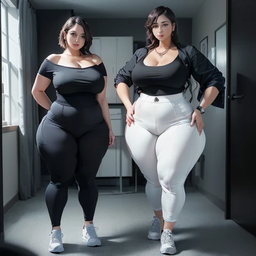 Two women wearing tight pants and black tops stand in a room, skinny waist and Tsk tsk hips, Tsk tsk, Wear simple, tight-fitting clothes, wide hips, Tsk tsk body, tall and slim body type, beautiful Tsk tsk female, Tsk tsk thighs, surreal full figure,ua full body and face, 가장 wide hips, Wide-full-bodied