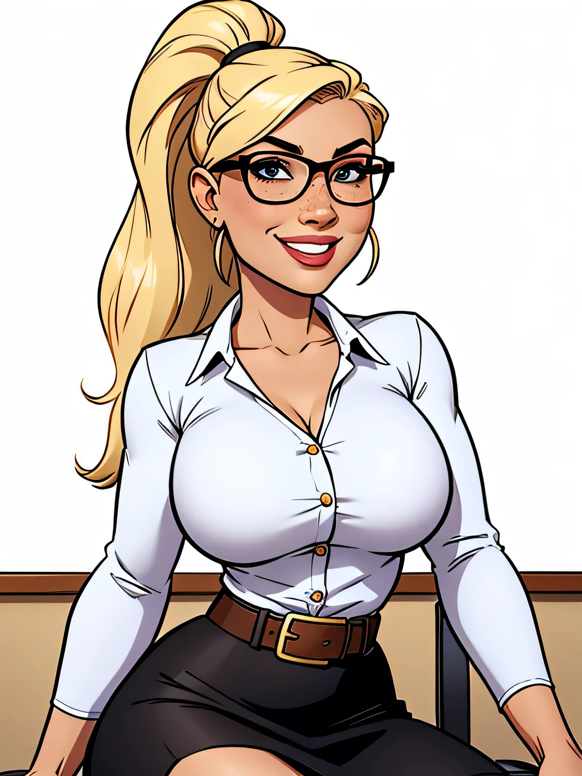 Thin woman, age 25, 4K (High definition), beautiful smiling, seducing gaze, teacher wearing a white social shirt (of buttons) with V-neck and long sleeves, brown belt with a black social skirt, Caucasian skin, round glasses, blonde hair with ponytail, sitting in a chair, full of curves with freckles across her chest. Marvel style high quality, white background.