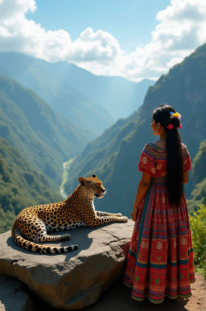 Draw a serene leopard on a mountain next to a Mayan woman from Guatemala 