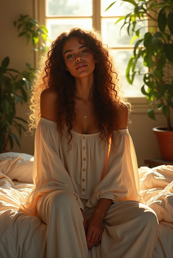 (photorealism:1.2), beautiful woman, sitting on bed, wearing loose off-shoulder top, pajama pants, long curly hair, indoors, soft lighting, plants in background, window with sunlight, cozy room, relaxed pose, realistic, intricate details, warm colors, by Greg Rutkowski, by Alphonse Mucha