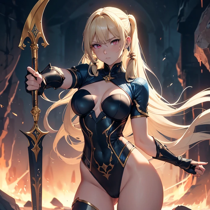 Absurdres, masterpiece, HD, high resolution, science-fantasy, alien, character alone, ordered context, best quality, epic story dramatic and conspiracy, best features and characteristics, full body, cowboy shot view, bloody pic, character bleeding
{{50 years old blonde haired elder beauty woman:(pale skin, red eyes crying, blonde hair tied in two high twintails, blonde long freinge near the face, short nose bleeding blue blood, clenched mouth bleeding a bit of blue blood, wrath expression, medium breasts, voluptuous figure, absolute beauty, beautiful arms bleeding blue blood, beautiful legs bleeding blue blood, beautiful feminine body bleeding blue blood),(black highleg leotard, gold gauntlets, gold shoulderpads, black armsleeves, white leggings, two white belts),(loosing blue blood in some of her body parts, violent menacing pose, pointing with a broken spear to her unknown enemy, desperate and lethal demeanor),(blue landscape, orange lava river at the left, light-blue sky, blue mounds around)}}