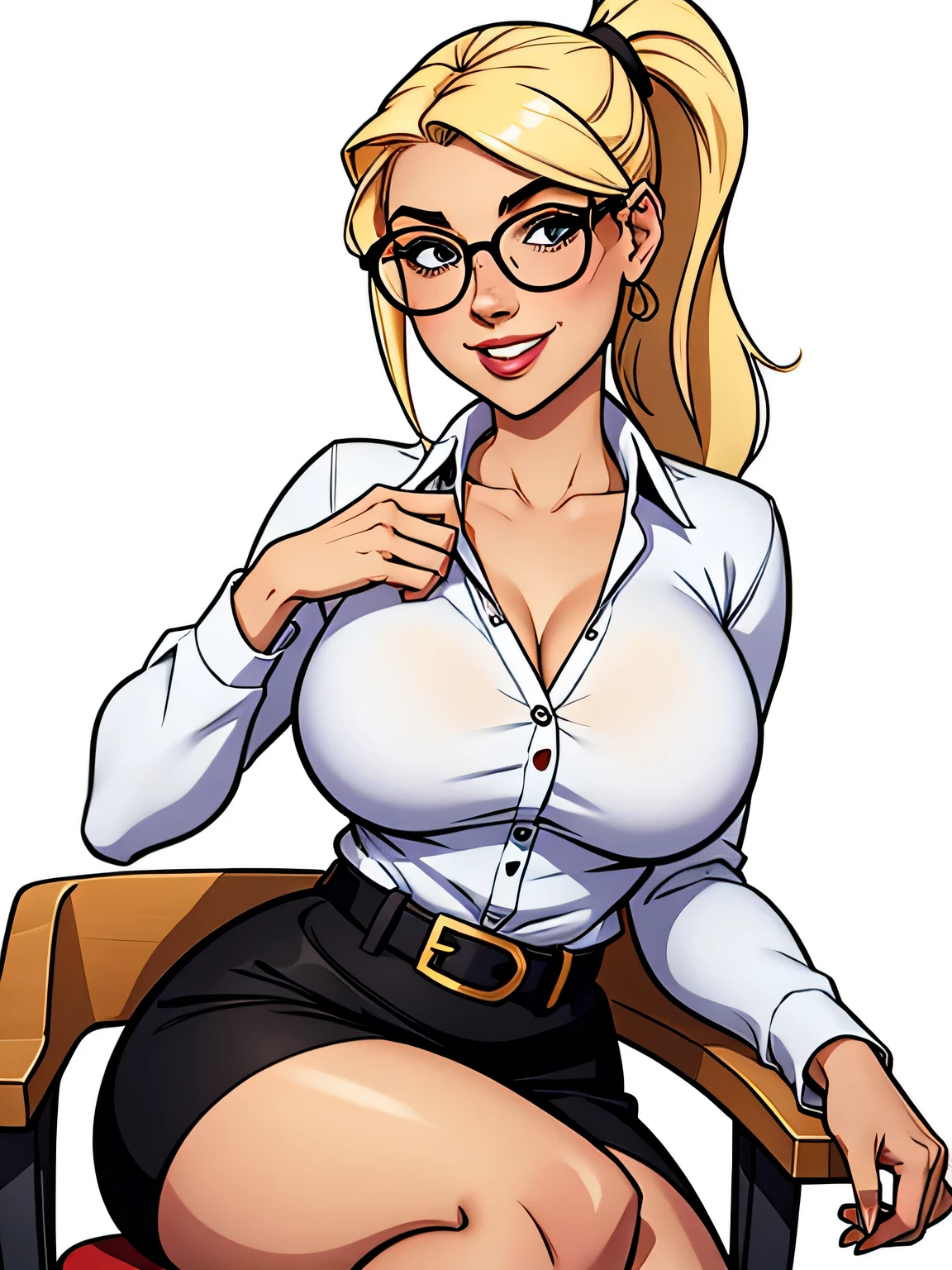 Thin woman, age 25, 4K (High definition), beautiful smiling, seducing gaze, teacher wearing a white social shirt (of buttons) with V-neck and long sleeves, brown belt with a black social skirt, Caucasian skin, round glasses, blonde hair with ponytail, sitting in a chair, full of curves with freckles across her chest. Marvel style high quality, white background.