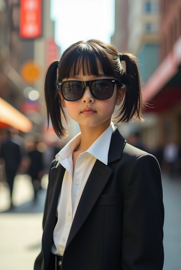 Short black hair girl, with pigtails and pale, wearing black sunglasses, and dressed formally and American 