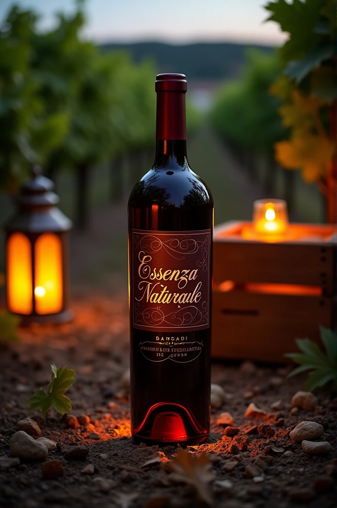 Create a wine bottle with dark red and brown packaging,written natural essence in Italian