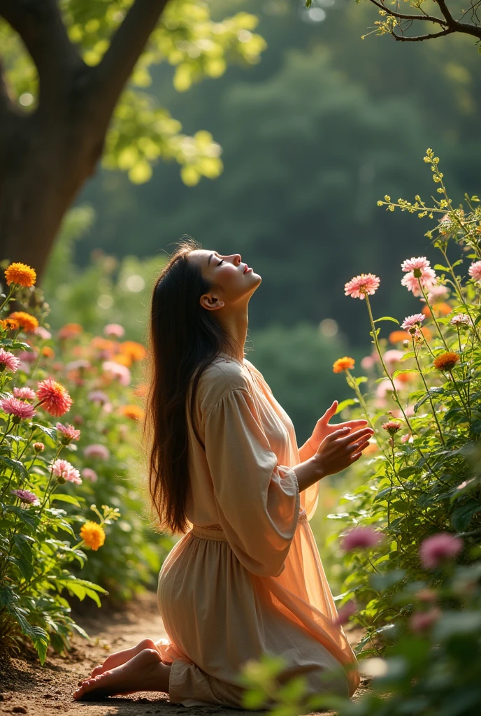 Person prostrate on their knees crying
Hands raised to the sky
In a garden