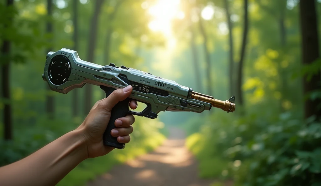 Futuristic tool held in one hand against blurred forest background
