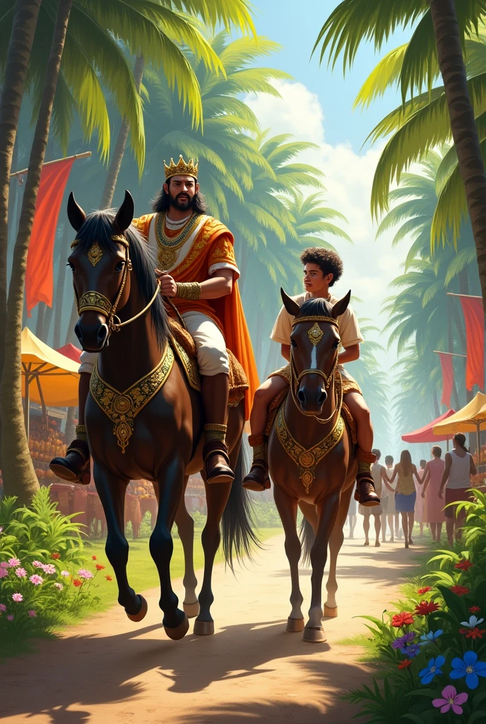 "The king and the young man ride together on horses, returning from the jungle to the city of Mithlavati. The scene is hopeful, with the king looking impressed by the young man."