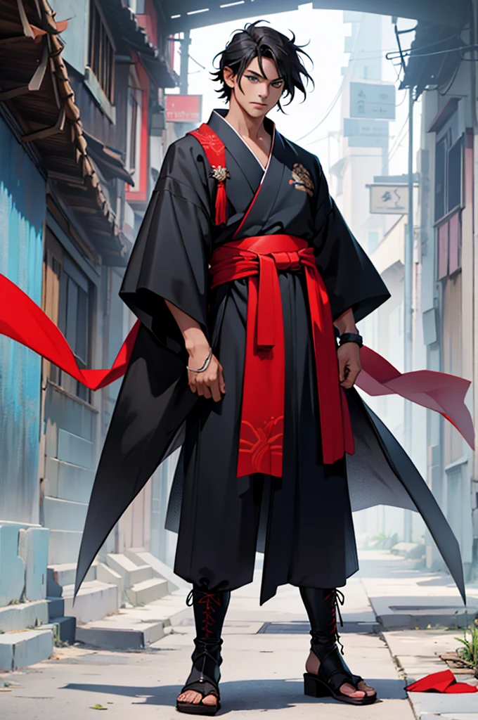 a young Brazilian, black hair, blue eyes, wearing a black kimono and a red sash around his waist and on his feet a dark brown bootie
