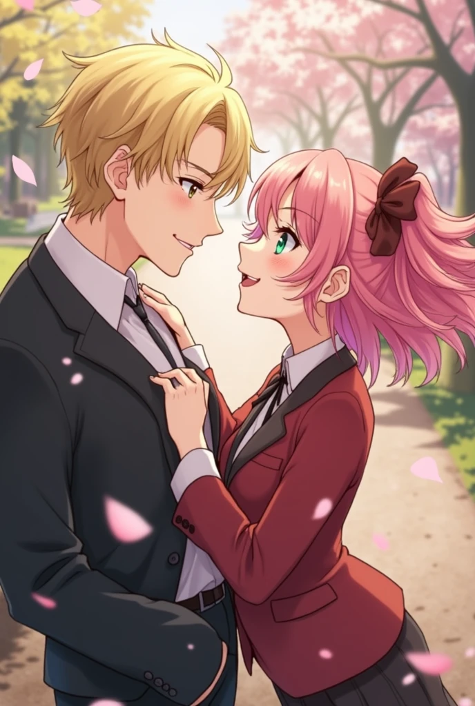 A holiday afternoon, lovers, a couple, a blonde man, a man in a black suit, a woman with short pink hair, naruto style, precise, masterpiece, female green eyes, male blue eyes,