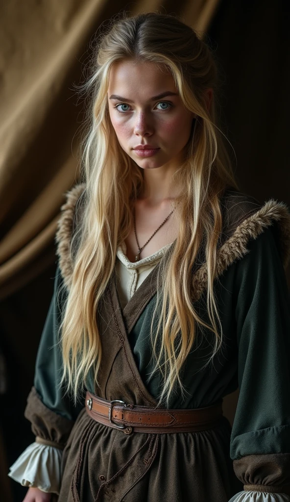 viking girl, a very beautiful girl with blue eyes and blonde hair, she is 22 years old, she just came from the war, she is wearing viking clothes, she is changing her clothes in her tent, she is looking at the camera with a stern facial expression, the tent is dimly lit, full body shot