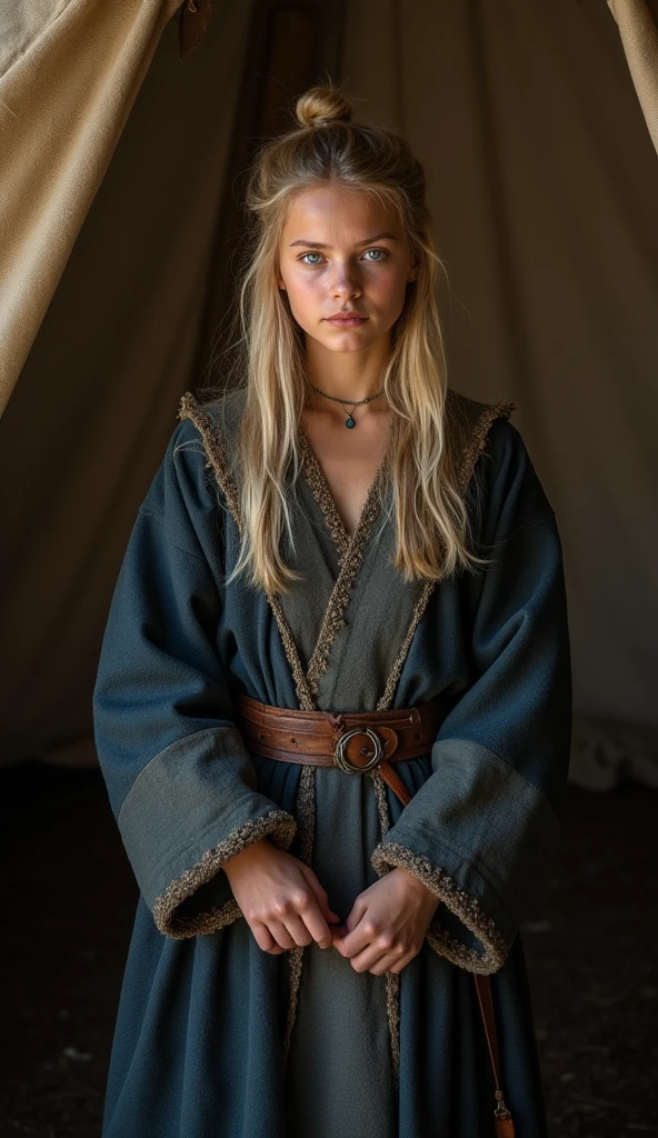 viking girl, a very beautiful girl with blue eyes and blonde hair, she is 22 years old, she just came from the war, she is wearing viking clothes, she is changing her clothes in her tent, she is looking at the camera with a stern facial expression, the tent is dimly lit, full body shot