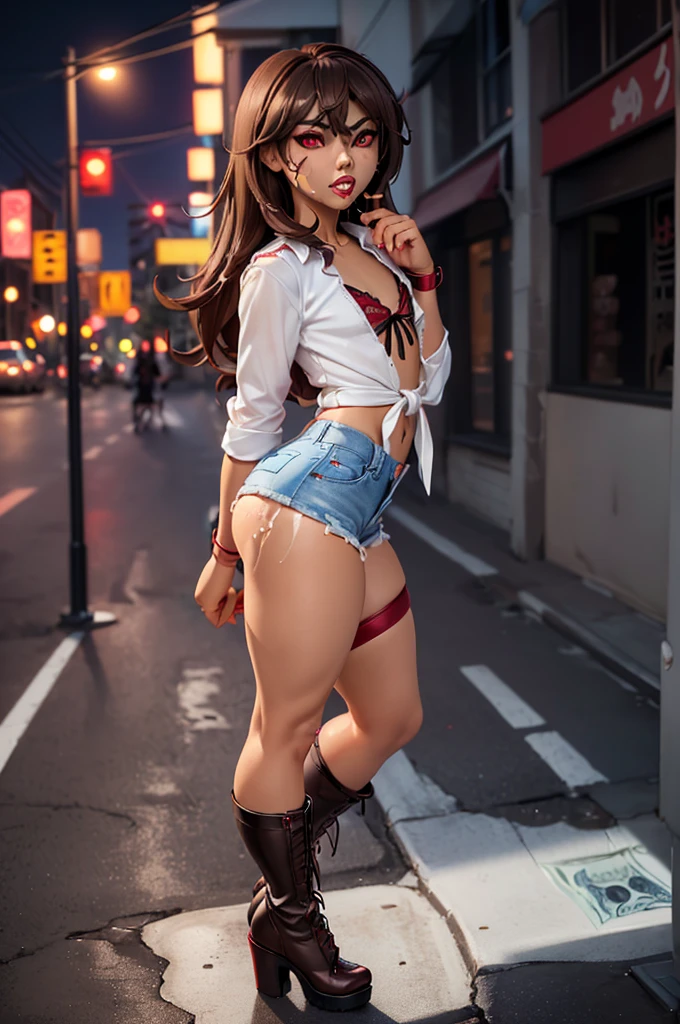 ((anime boy)), ((crossdresser)), (((1boy)))), (((solo))), ((((alone)))) medium dark brown hair, red eyes, ((((brown skin)))), wide hips, narrow waist, thick thighs, angry, ((makeup)), ((red lipstick)), (standing in a street at night)), ((flat chest)), ((tied up shirt)), ((jean skin tight mini shorts)), (high heel boots), (prostitute), ((money in hand)), (((leaking cum on ass))