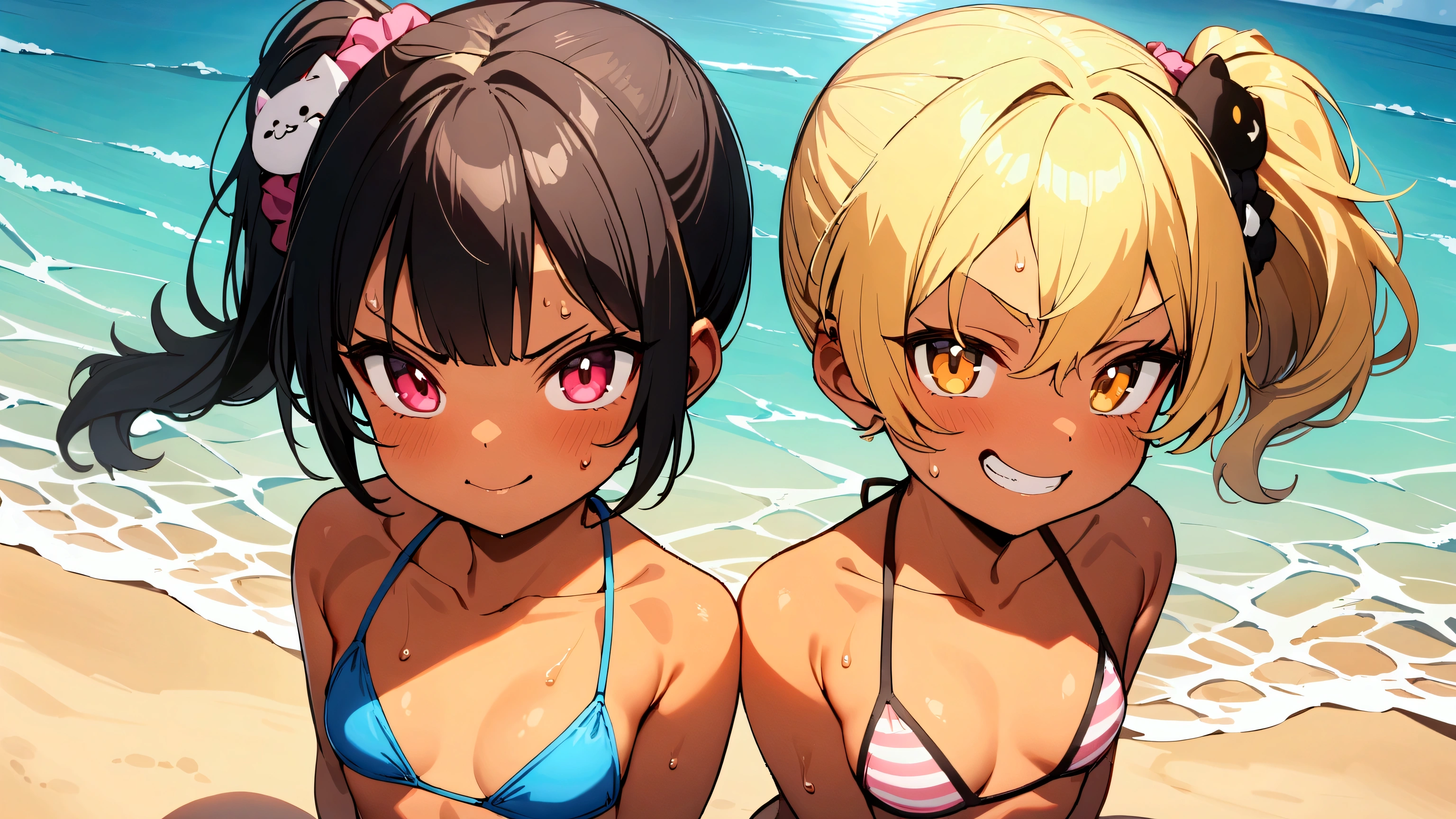 masterpiece, best quality, very aesthetic, absurdres, 2girls, (, mesugaki, petite), black hair, blonde hair, black hair, brown hair, blonde hair, pink hair, side ponytail, hair ornament, animal hair ornament, scrunchie, smirk, evil grin, flat chest, collarbone, medium breasts, navel, straw hat, bikini, tan, sweat, gleaming skin, swim ring, sand, ocean