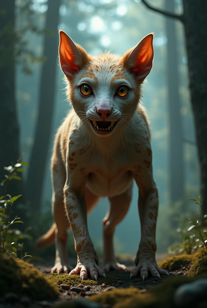 The creature has flesh-colored skin, brown fur, large eyes, and sharp teeth.