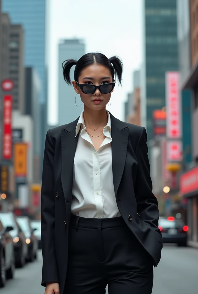 Woman with short black hair, with pigtails and pale, wearing black sunglasses, and dressed formally and American 