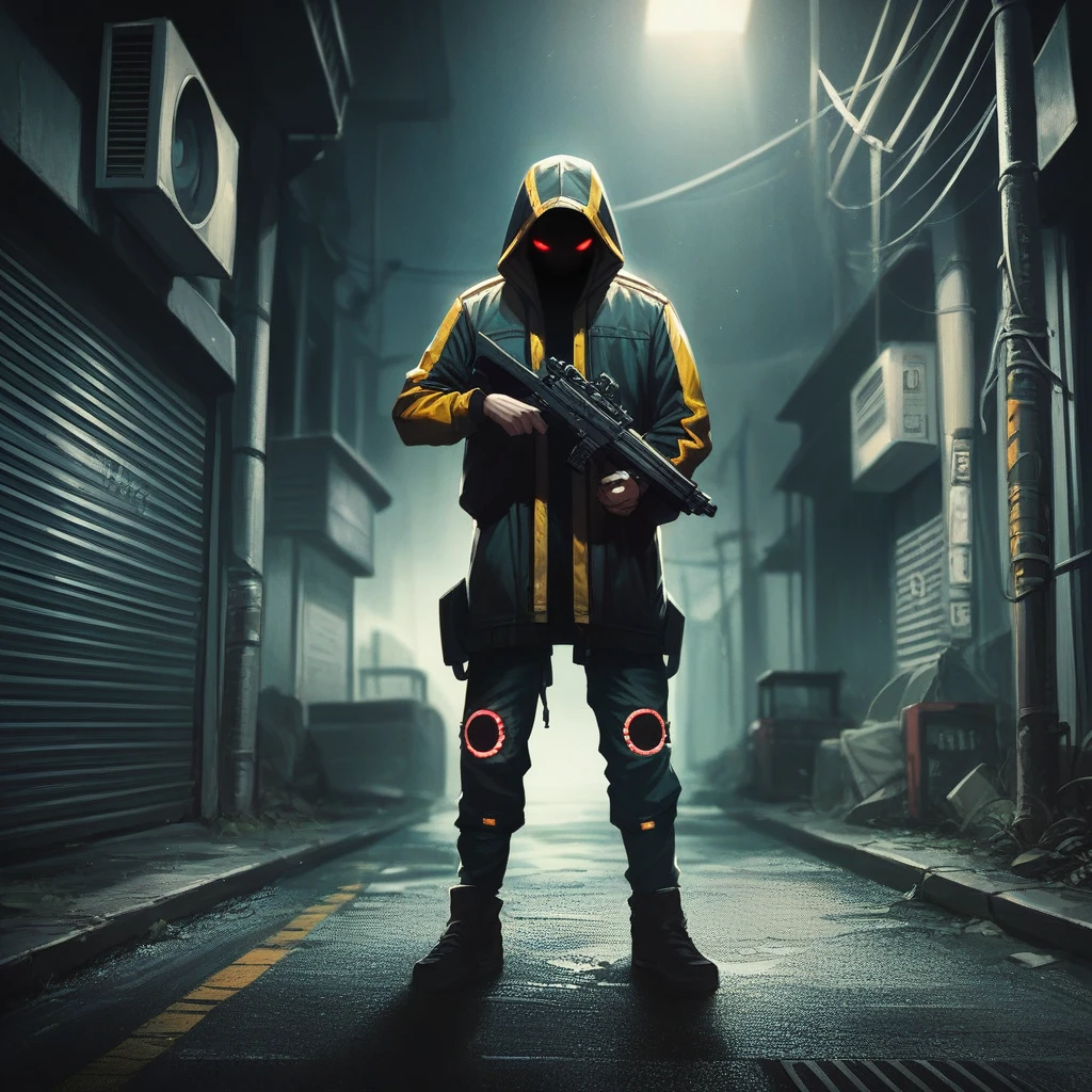 Yellow jacket, glowing red face, cool、Yellow jacket, red glowing face, cool, yellow, photorealistic, high quality, 4K, yellow jacket, black half pants